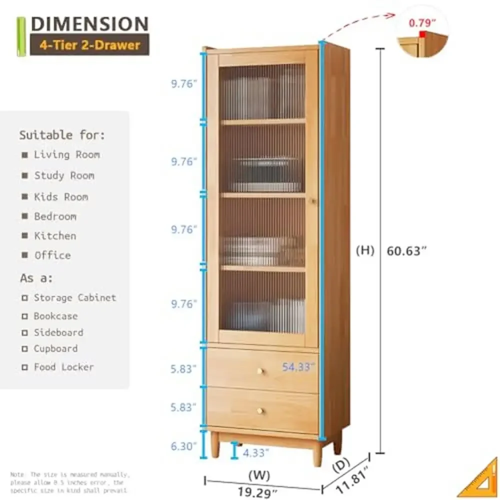 Modern Solid Wood Bookcase with Glass Door 4-Tier Cube Shelving Unit Adjustable Shelf and Double Drawer