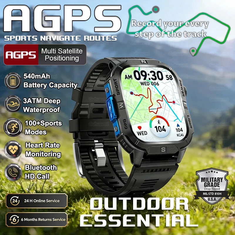 

2026 NEW AGPS Navigate Routes Sports SmartWatch Compass 3ATM Waterproof 100+Sports tracker Outdoors Military Smart Watches Men