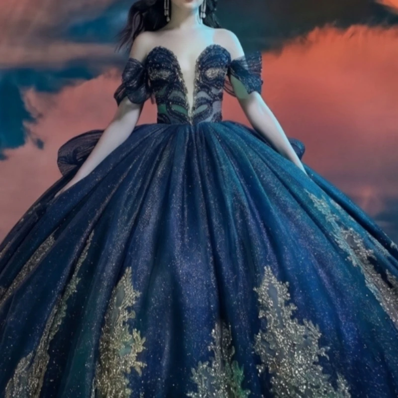 

Navy Blue Shiny Ball Gown Quinceanera Dresses Applique Lace Beading Crystal Tull Bow Corset Off Shoulder Sweet 16 Dress vestido