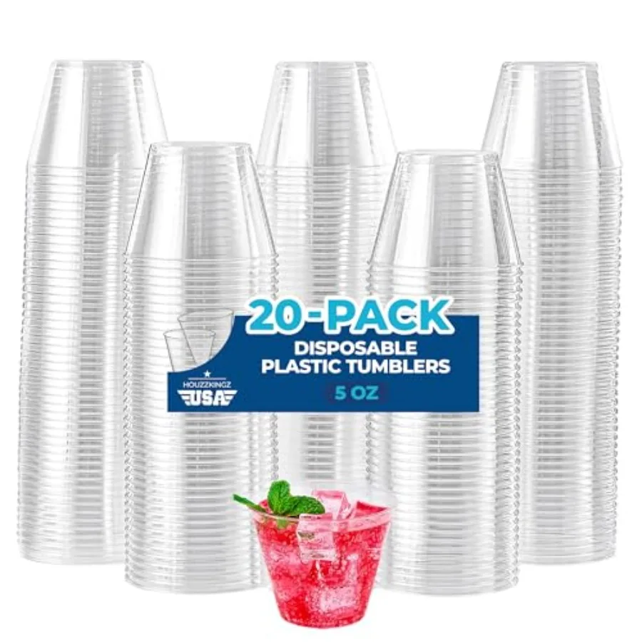 5 Oz Plastic Cups 20 Small Clear Hard Disposable Water Wine Drinking Cups - Cocktail Glasses for Parties Durable Cold Tumbler f