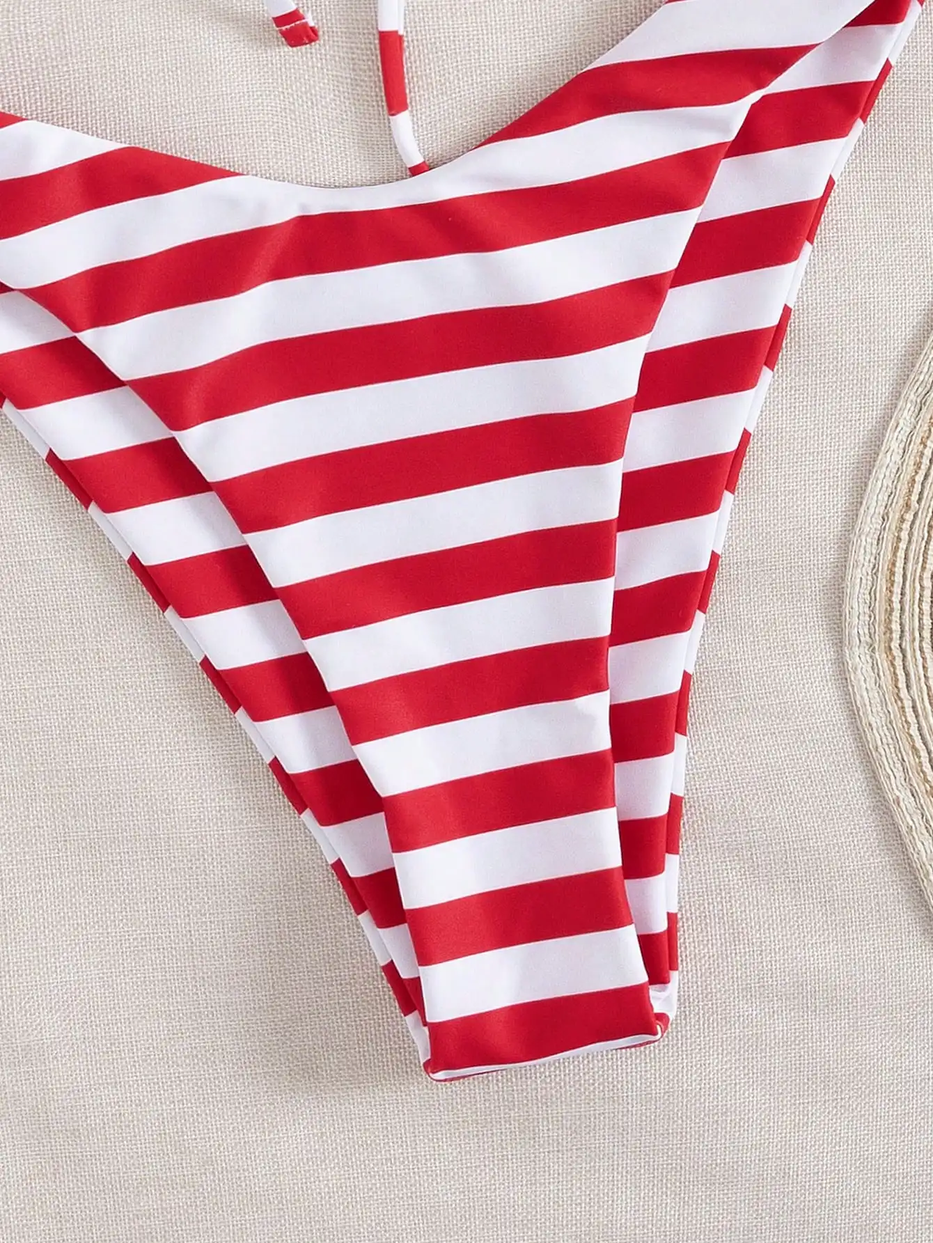 

Red And White Striped Bikini Set Women Sexy Tie Front Triangle Top Low Waist Bottom