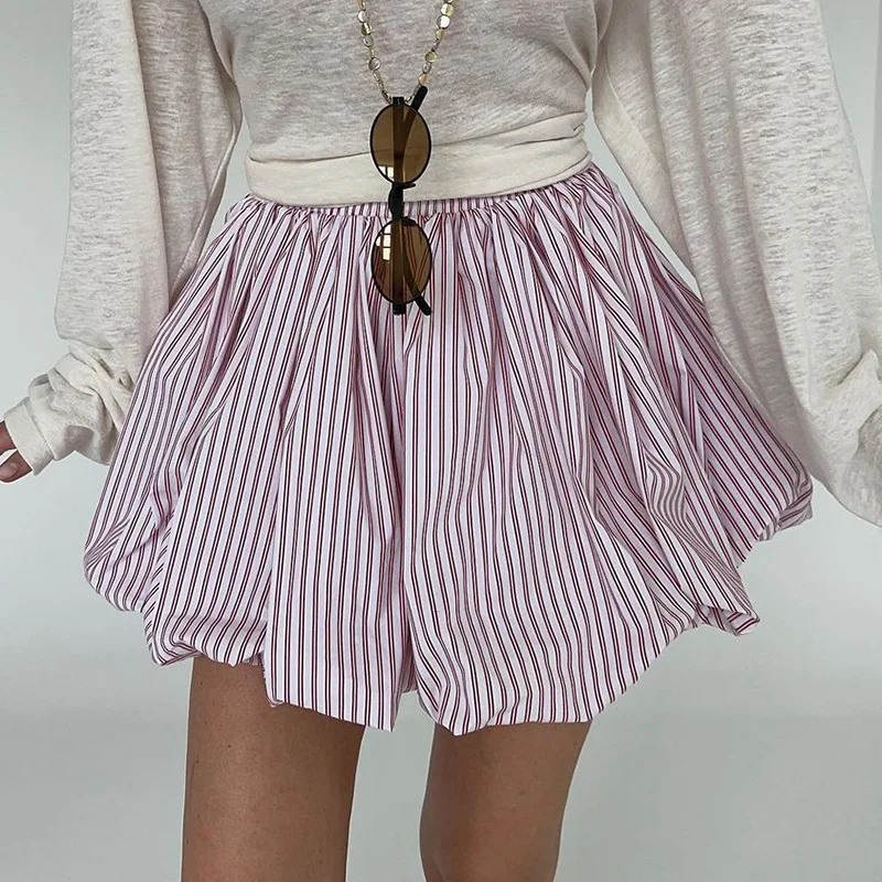 

Spring and summer new women's French pleated skirt ins striped contrasting fluffy high waisted short skirt half skirt
