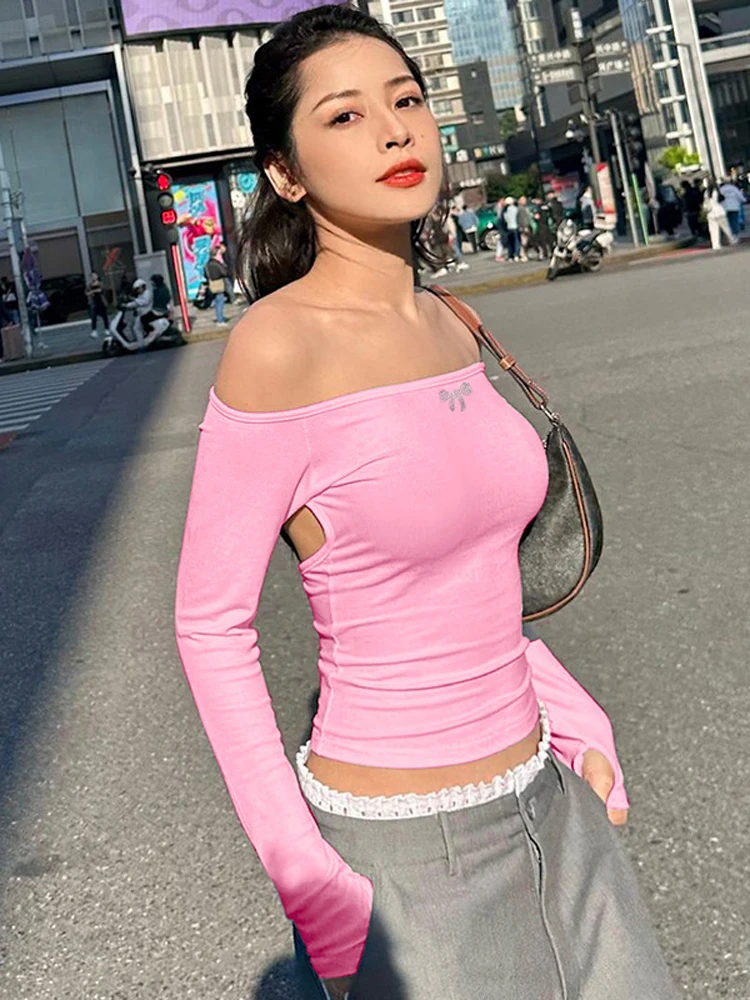 

Off Shoulder T Shirt Women Y2K Slim Long Sleeve Top Ladies Sexy Fashion Hollow Out Tee Female Harajuku Chic Backless T-Shirts