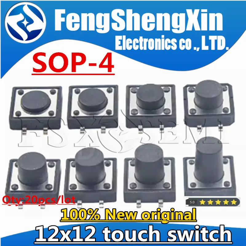 20pcs 12x12 SMD touch switch Push button micro switch SOP 4pin 12x12x4.3/5/6/7/8/9/10/11/12H 12*12*4.3/5/6/7/8/10/11/12/16/17H