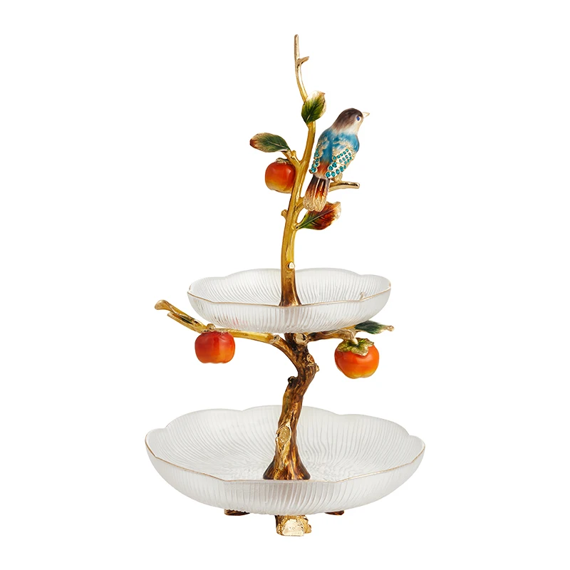 

*High-end enamel color double-layer glass fruit plate new Chinese-style home living room light luxury decoration ornament