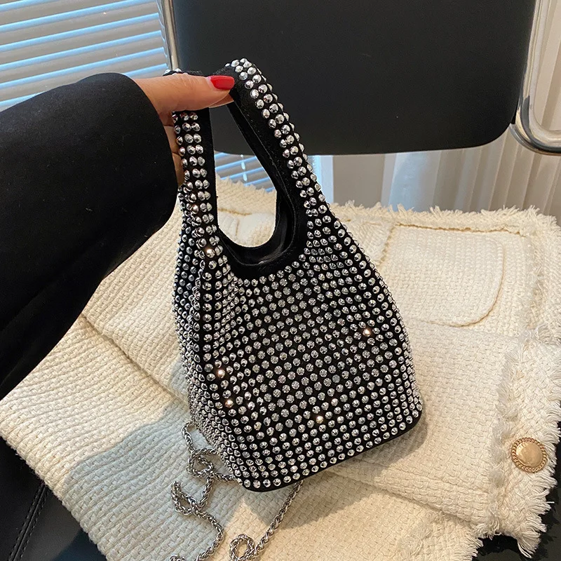 Bolso de cubo con remaches, bandolera pequeña con diamantes de imitación, a la moda, para mujer