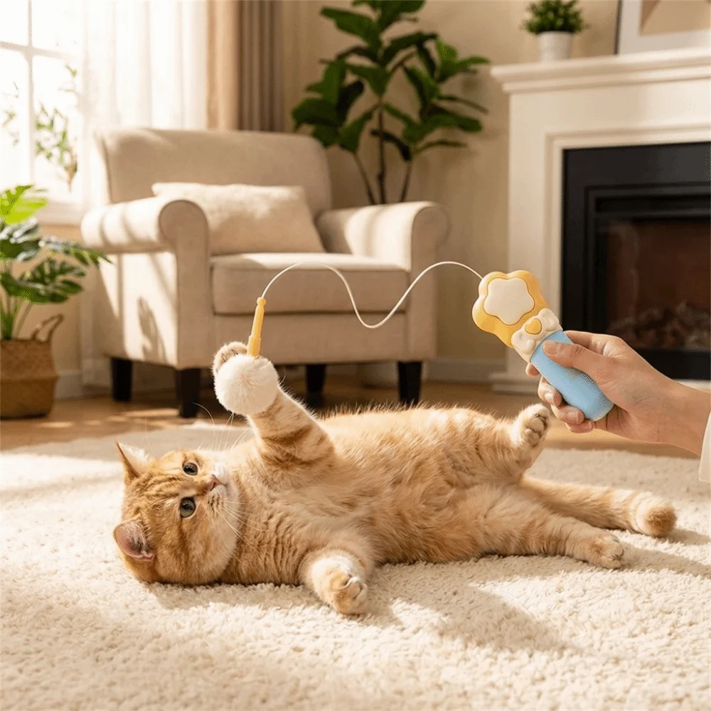 Funny Retractable Electric Cat Teaser Handheld Long-Lasting Teasing Stick with Ball Cat Fetch Entertainment