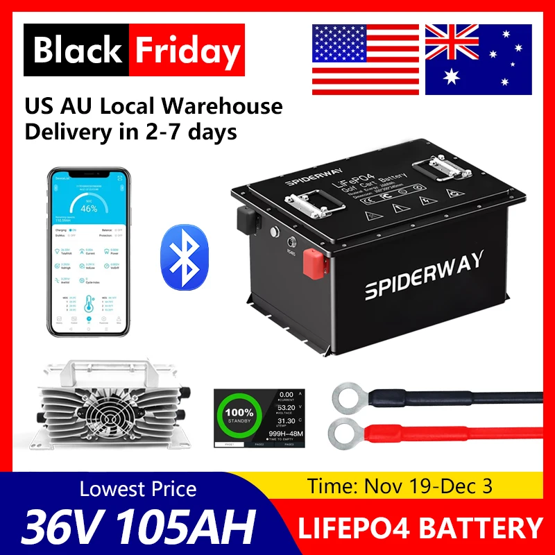 

36 В (38,4) 105 Ач литиевая батарея для тележки для гольфа LiFePO4 с зарядным устройством 25 А 200 А BMS 6000 + цикл, макс. мощность 7,68 кВт, для Toyota Hyster Crown