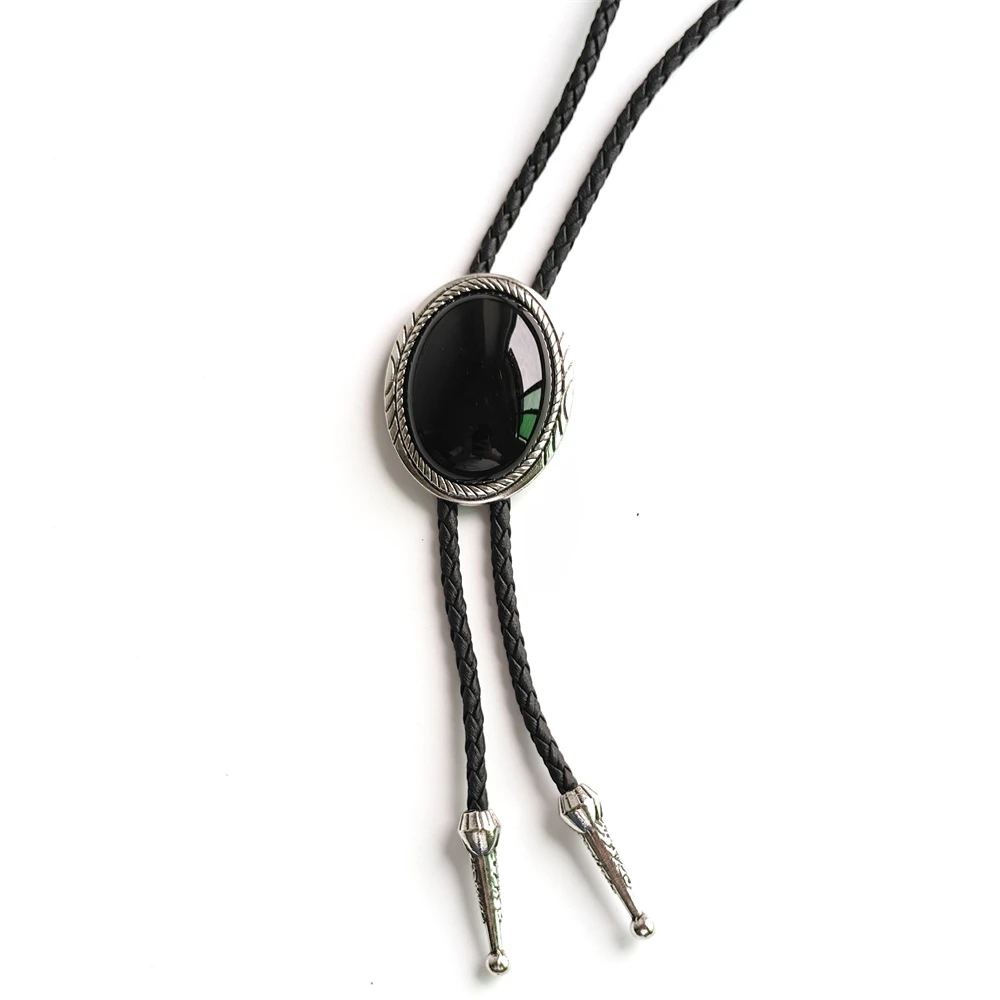 Vintage Black Stone Bolo Tie Silver Cowboy Necktie Handmade Cross Arrowhead Flower Pendant Western Leather Rope Jewelry Gift