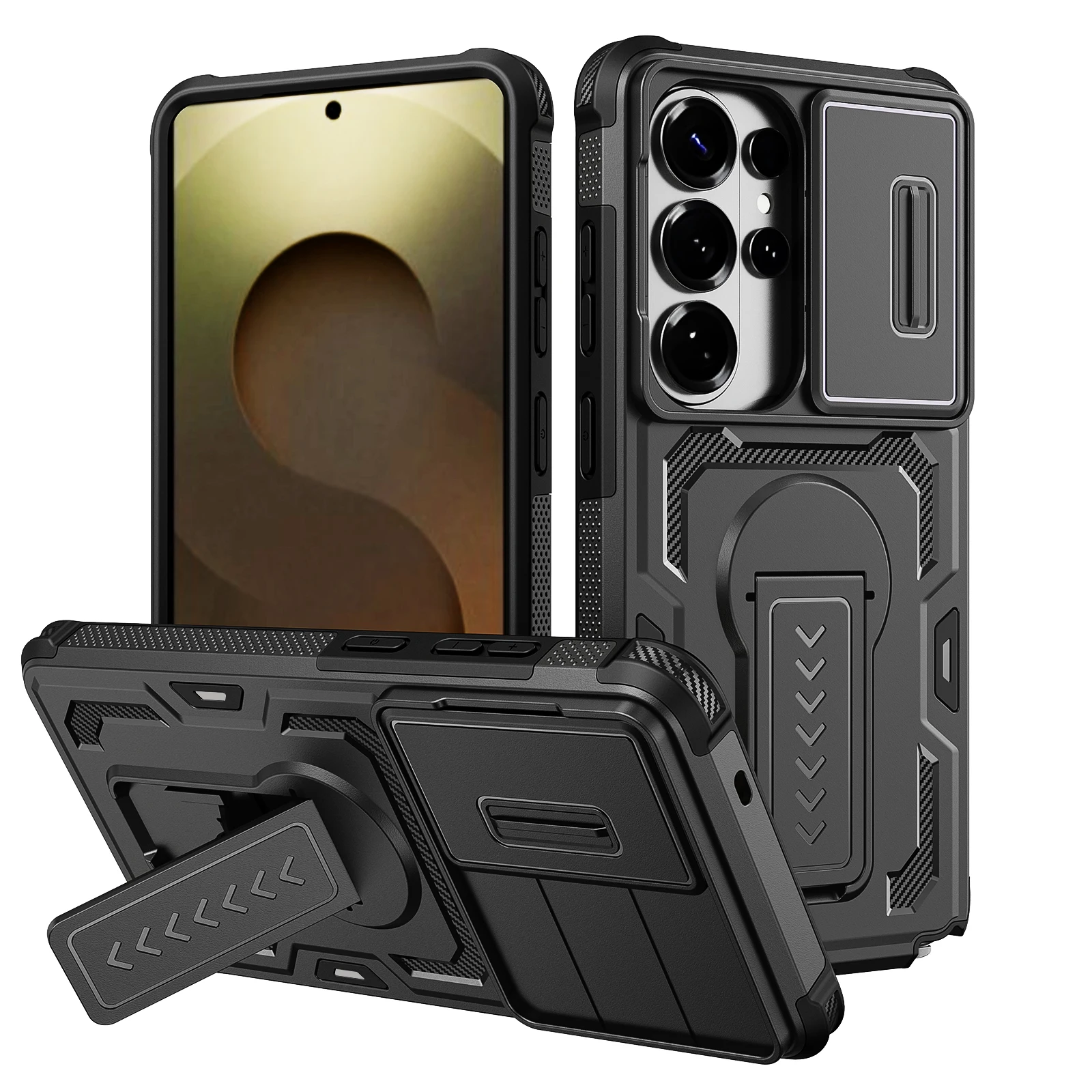 Slide Push Window Camera Lens Protection Shockproof Kickstand Phone Case For Samsung Galaxy S25 S26 Ultra TPU Plastic Back Cover