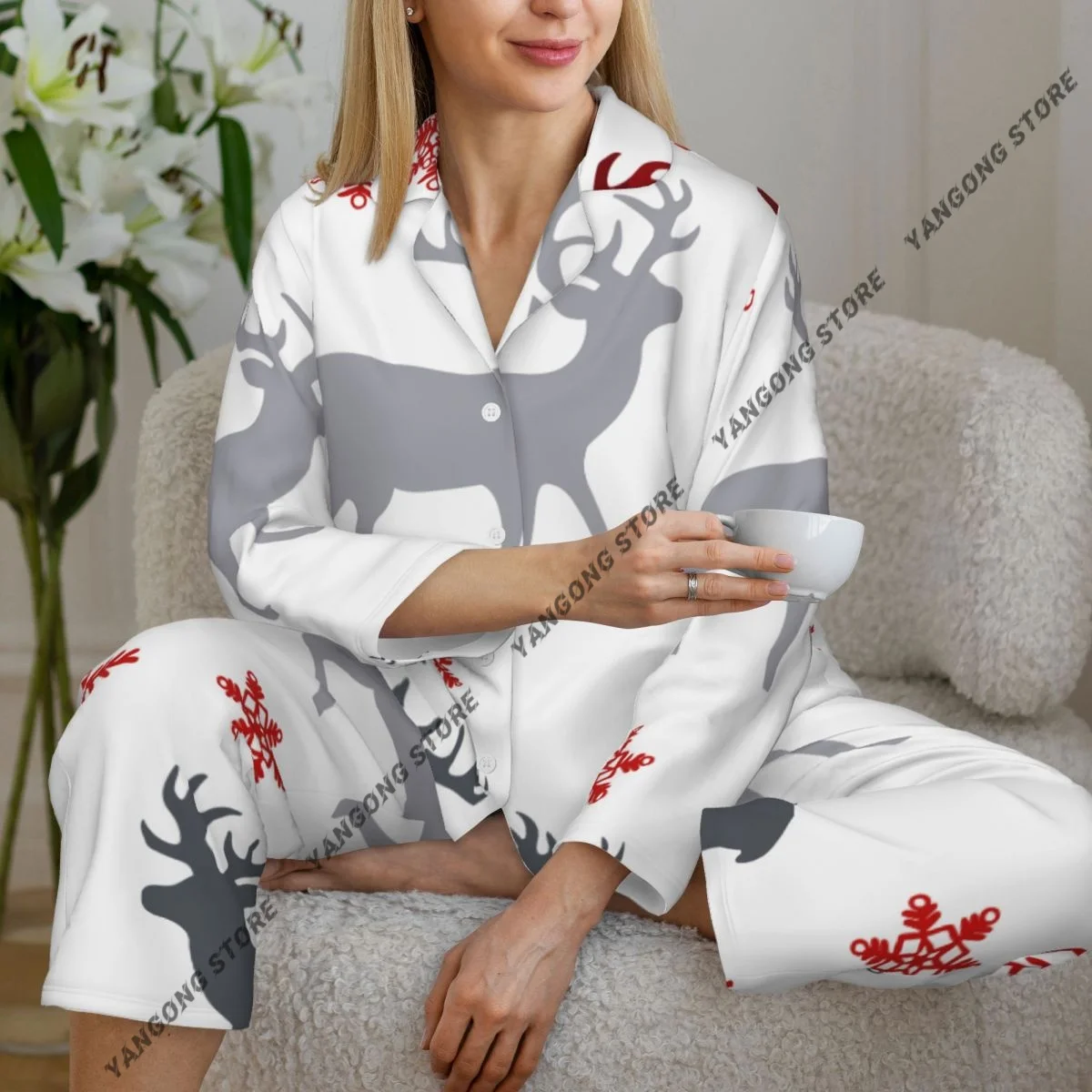 

Women Sleepwear Loungewear Christmas Deer Tree Snowflakes Long Sleeve Lapel Neck Shirt and Elastic Waist Pants Pajamas Set