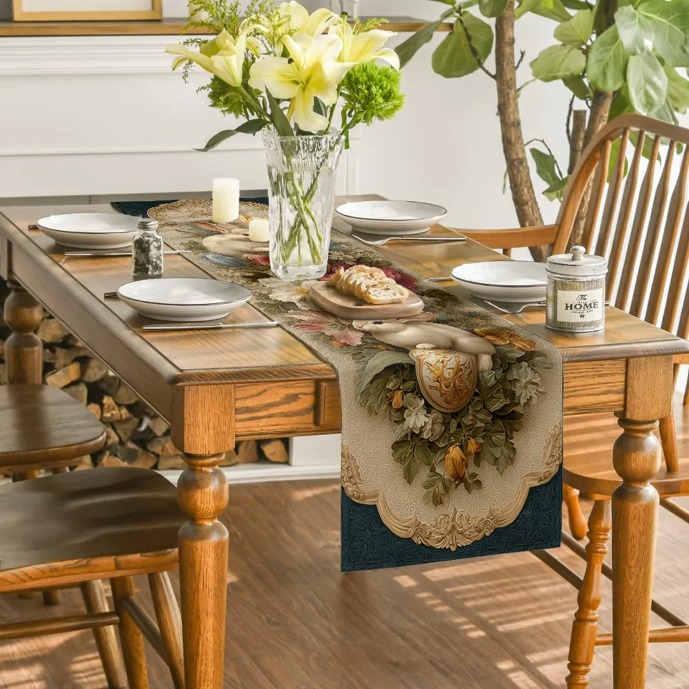 1Pc Arch-Shaped Floral Wreath Rabbit and Easter Egg Pattern Printed Table Runner, Latest Easter Table Runner, Spring Table Runner, European Classical Decorative Style, Linen Tablecloth Table Runner, Original Design with Exquisite Details, Rich and Luxurious in Spring and Summer Aesthetics, Elegant and Festive Atmosphere, a Choice for Home Decor Art, Suitable for Family Gatherings, Indoor and Outdoor Decoration, Dining Table, Coffee Table, Living Room Display, Holiday Gifts, and Restaurant Scene Decoration