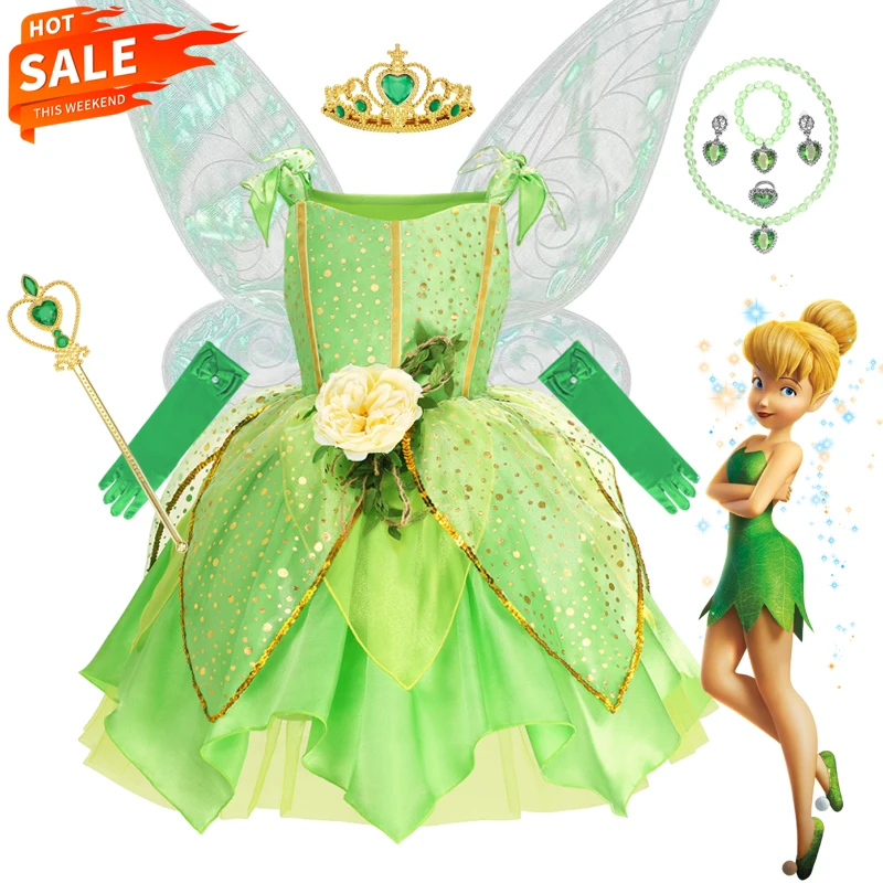 Disney Children Tinker Bell Princess Costume Girl Party Fancy Flower Vestido Christmas Birthday Carnival Dress Up Disguise Frock