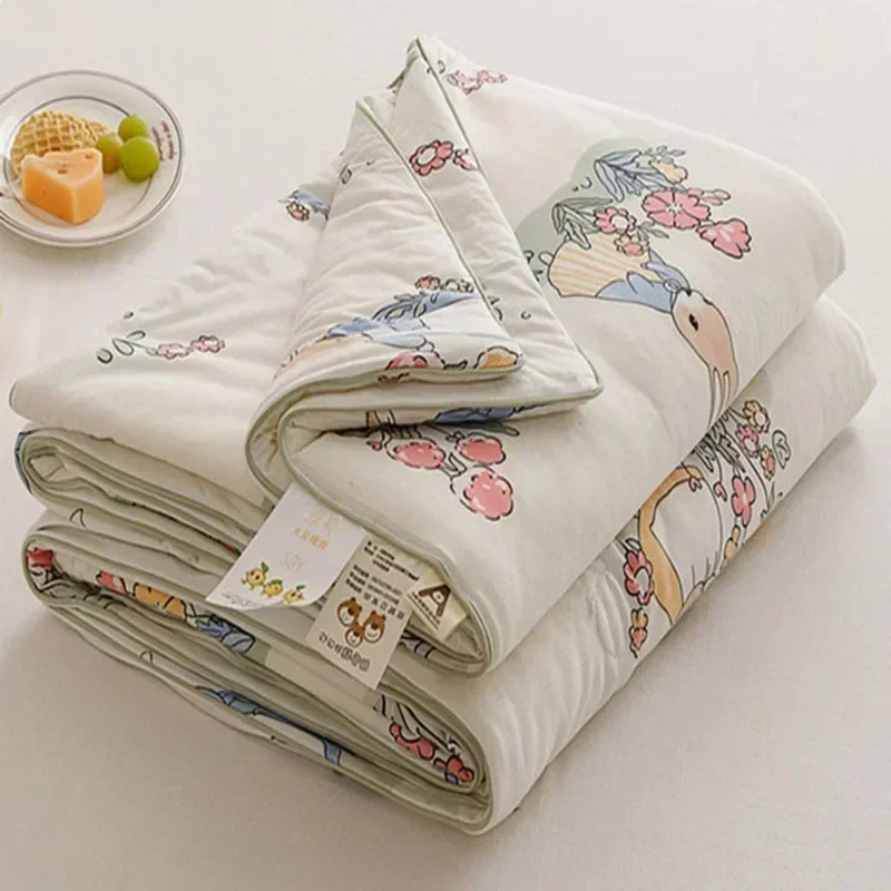 Cartoon Printed Cooling Summer Blanket Soft Comfortable Breathable Air Conditioner Comforters Natural Plant Fabric Thin Quilt