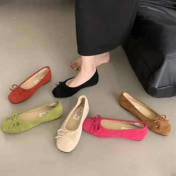 여성용 우아한 레드 발레리나 펌프스 슬립온 로퍼, 라운드 토 스퀘어 힐, 나비 매듭 캐주얼 용수철, 가을 로우 힐 슈즈  Best5