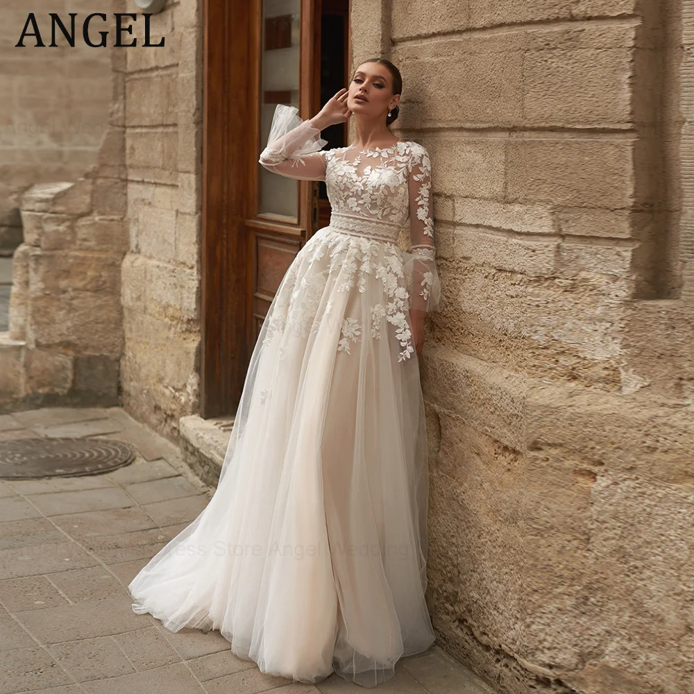 

ANGEL Boho Long Sleeves Wedding Dresses Lace Floral Scoop Neck Vestido Blanco Boda civil Illusion Buttons Back Bridal Gowns