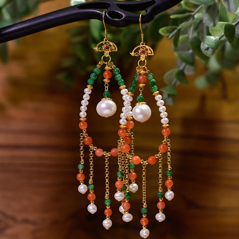 

Natural Jadeite Vivid Green Round Bead Earrings, Red Agate & Freshwater Pearl Tassel Drops, Long Bohemian Statement Ear Jewelry