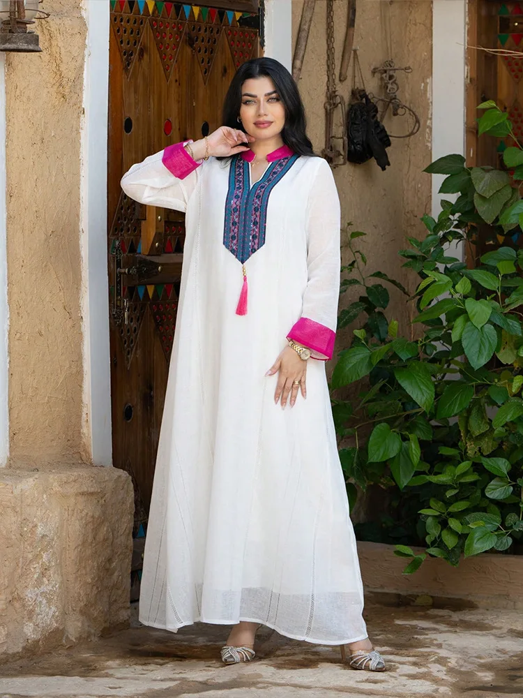 2025 femmes blanc décontracté à la mode ample épissé à manches longues robes élégantes femme Abaya Jalabiya vêtements arabe musulman mode