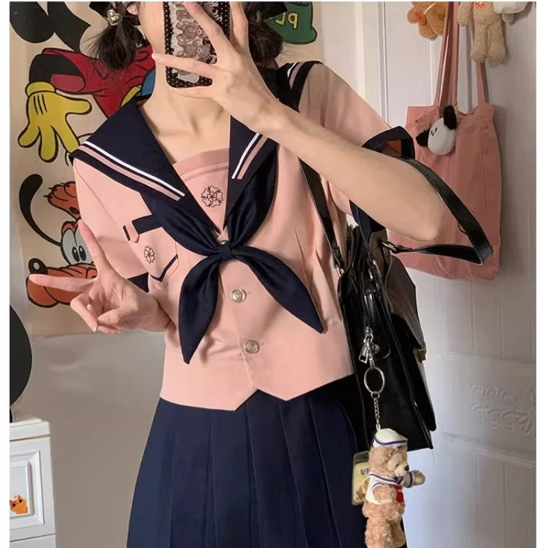 

Cute Students JK Sets Preppy Wind Bow Single-breasted Navy Collar Short Sleeve Cardigans Top Pleated Skirt School Uniform