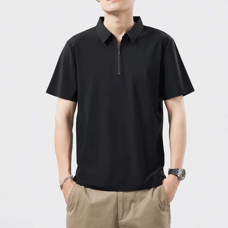 Summer Men's Youthful Fashion Ice Silk Cool Collar Short Sleeve T-shirt Simple Thin Zipper Collar Solid Color Polo Top