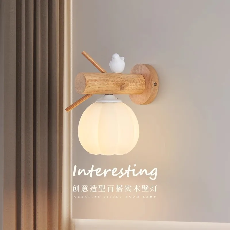 Cream Style Wooden Spotlight Bedroom Bedside Eye Protect Reading Wall Lamp Corridor Study Living Room Rotatable LED Wall Light