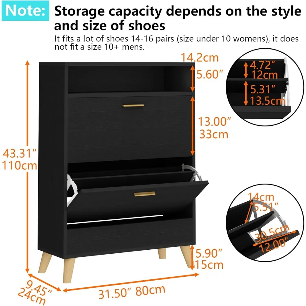 Shoe Storage Cabinet for Entryway, Free Standing Shoe Organizer with 2 Flip Drawers, Slim Narrow Hidden Shoe Rack Cabinet