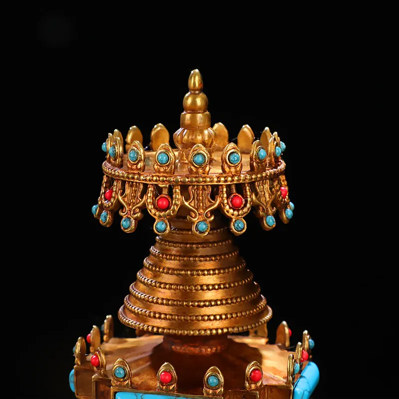 Tibetan Buddhist Stupa Full Gold Gilt Kadam Chorten Statue, Brass Shrine for Altar, Handcrafted Meditation Decor for Home Temple