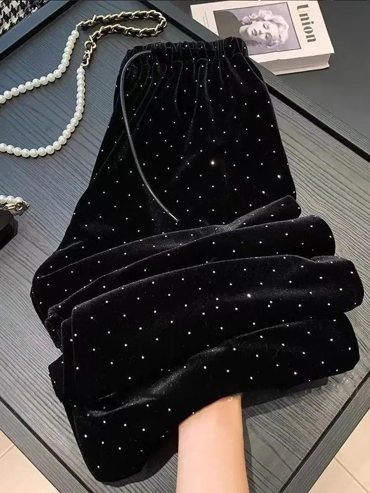 Gold Velvet Wide Leg Pants Women's Casual High Waist Straight Cut Floor Length Diamond Embellished Comfortable Autumn Trousers