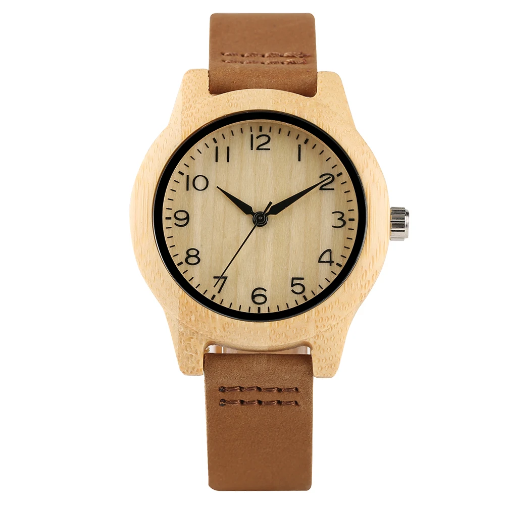 Relojes de pulsera elegantes para mujer, relojes de madera de bambú para mujer, banda de cuero suave, reloj de pulsera Simple, regalos femeninos