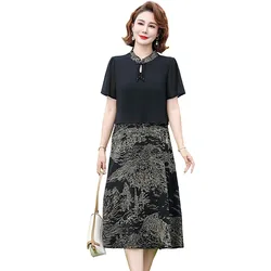 Vintage Chiffon Elegant Office Lady Dress Summer Mother Fake Two Piece Midi Vestidos Female Bodycon Chic Prom Party Dress