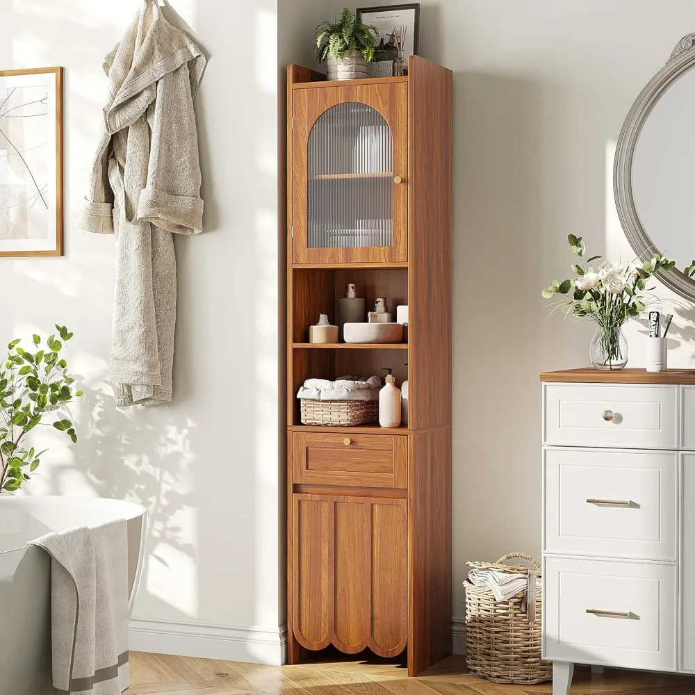 

Maupvit 68” Tall Bathroom Storage Cabinet, Narrow Freestanding Cabinet with Fluted Glass Door and Drawer, 3-Tier Adjustable Shel
