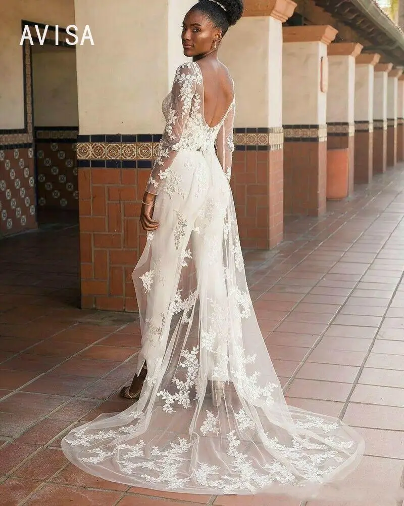 Vestido de novia bohemio de 3 piezas, traje modesto de playa, Espalda descubierta, con capa de manga larga, apliques de encaje, nov, 2024