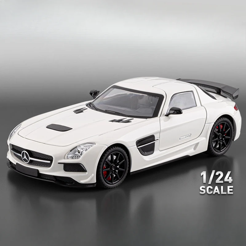 1:24 SLS Super coche deportivo aleación Diecast modelo Metal coche sonido y luz tirar hacia atrás colección Hobby decoraciones cumpleaños