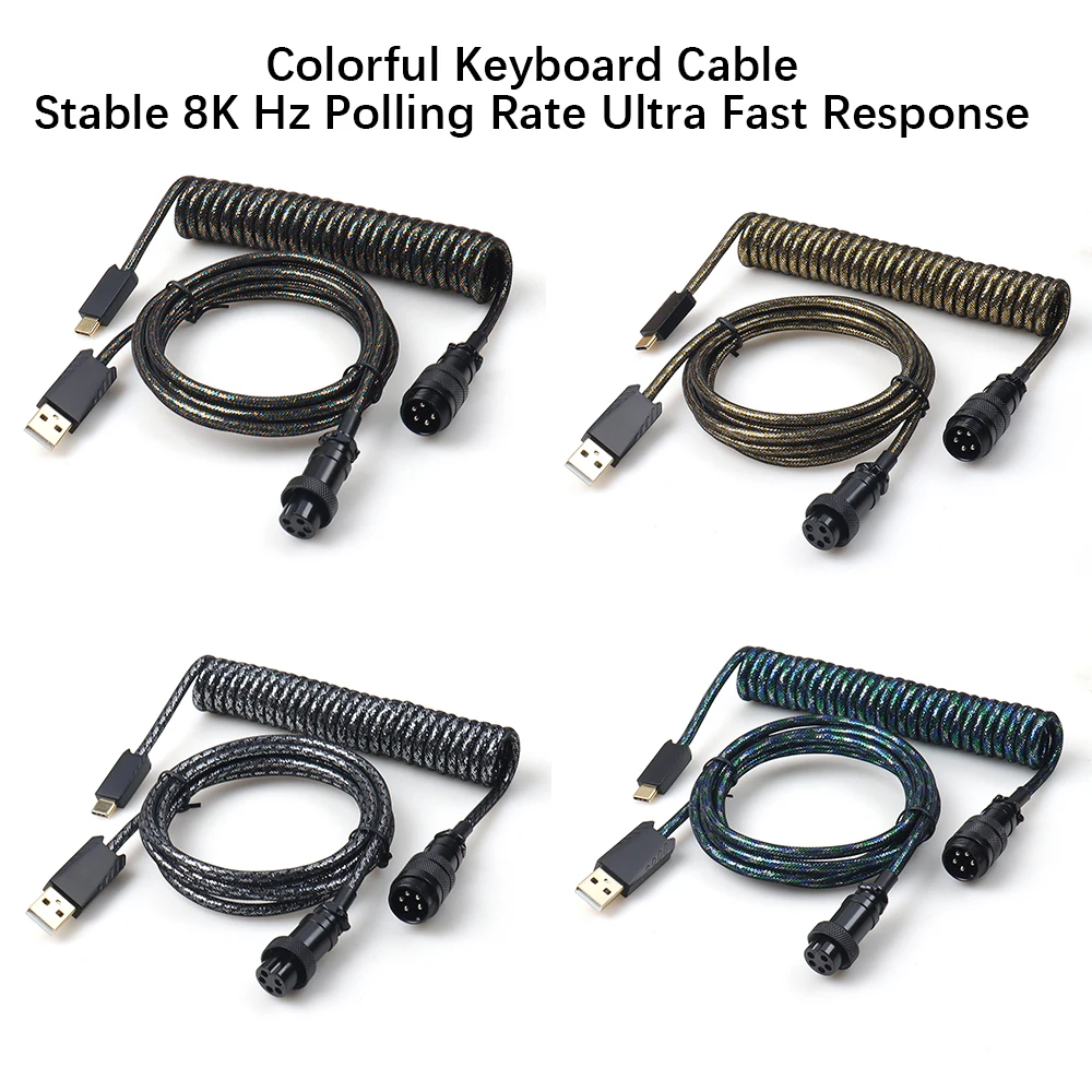 Colorful  Type C to USB Coiled Cable for Tuzi Mechanical Keyboard GX16 Detachable Metal Aviator Double Sleeved Wire | 8k polling