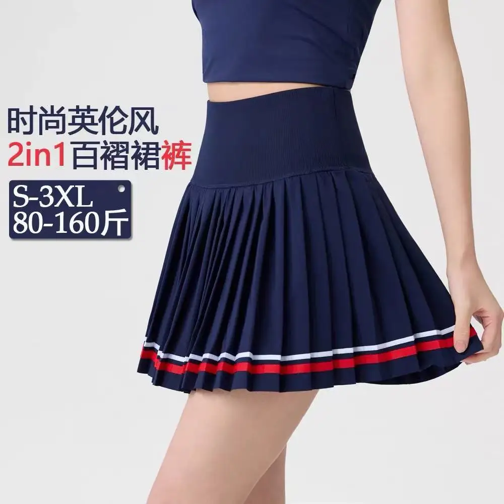 Plus-Size Women's High-Waisted Sports Skirt with Tummy Control, Anti-Exposure, Pockets, Color-Blocking, for Yoga, Outdoor, Tennis, Pleated Skirt