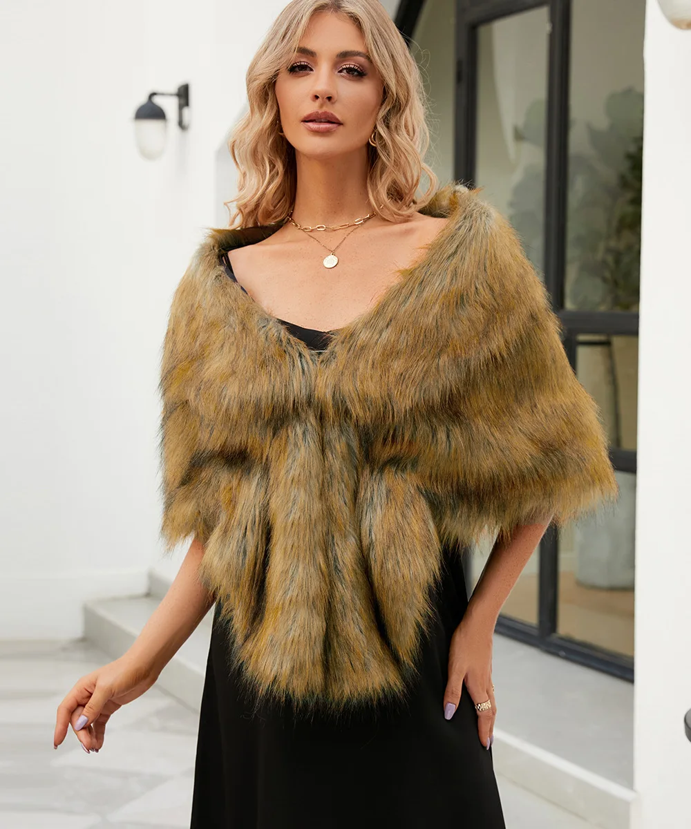 European American New Fashion Women's Solid Color Casual Trendy Elegant Long Sleeve V-neck Faux Fur Shawl Female Clothes Tops
