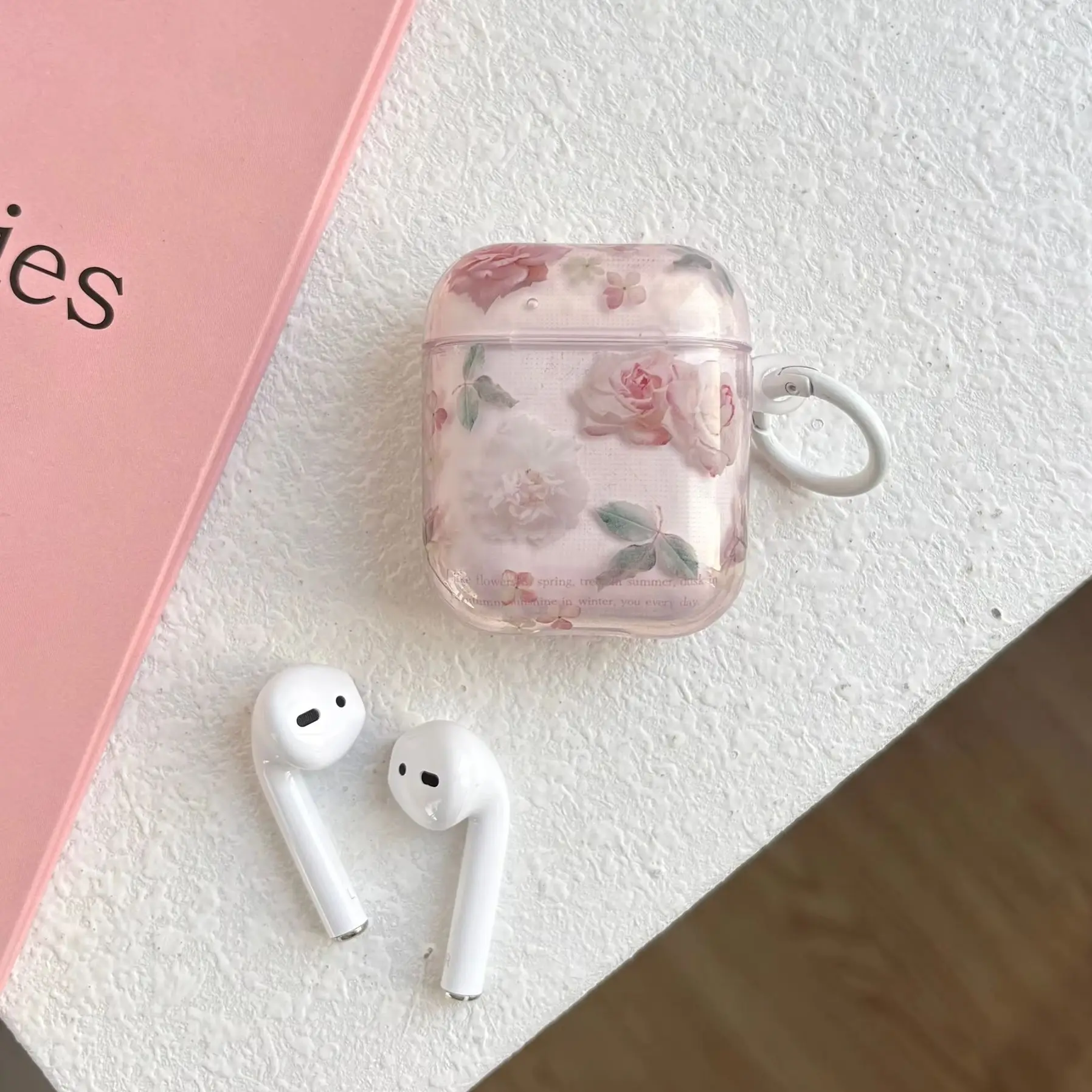 Summer Pink Peony Flower Pattern Glossy Transparent Pink Earphone Cover Case For AirPods 1 2 3 4 Pro Pro2 Pro3 with Ring