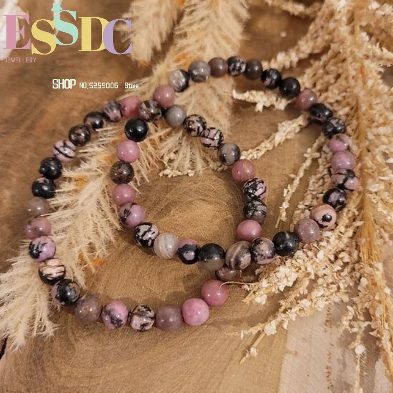 Natural Rose Hui Bracelet Handmade Pink Black Elastic Bracelet Natural Stone Crystal Lucky Bracelet