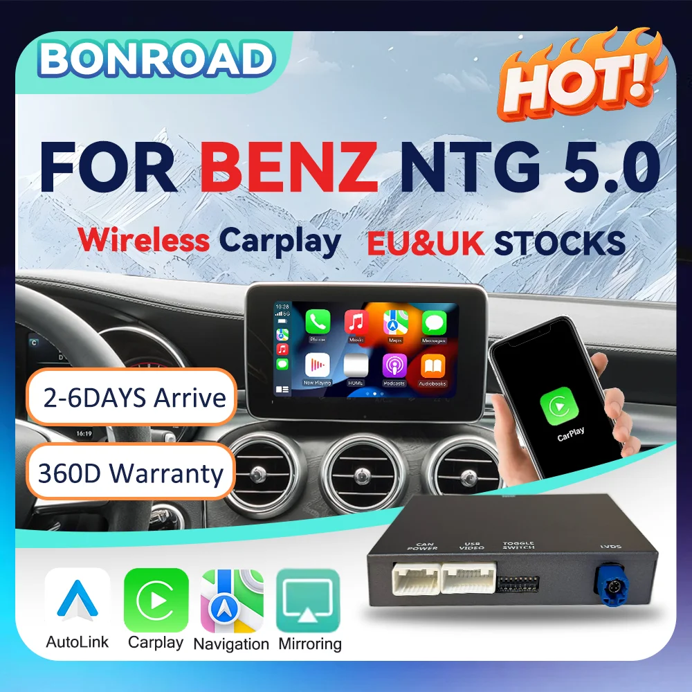 Bonroad NTG 5.0 Kabelloser CarPlay-Adapter Android Auto Modul MMI Box für Mercedes Benz C GLC W205 A CLA GLA B E GLE CLS mit Bluetooth Mirrorlink Airplay Autolink