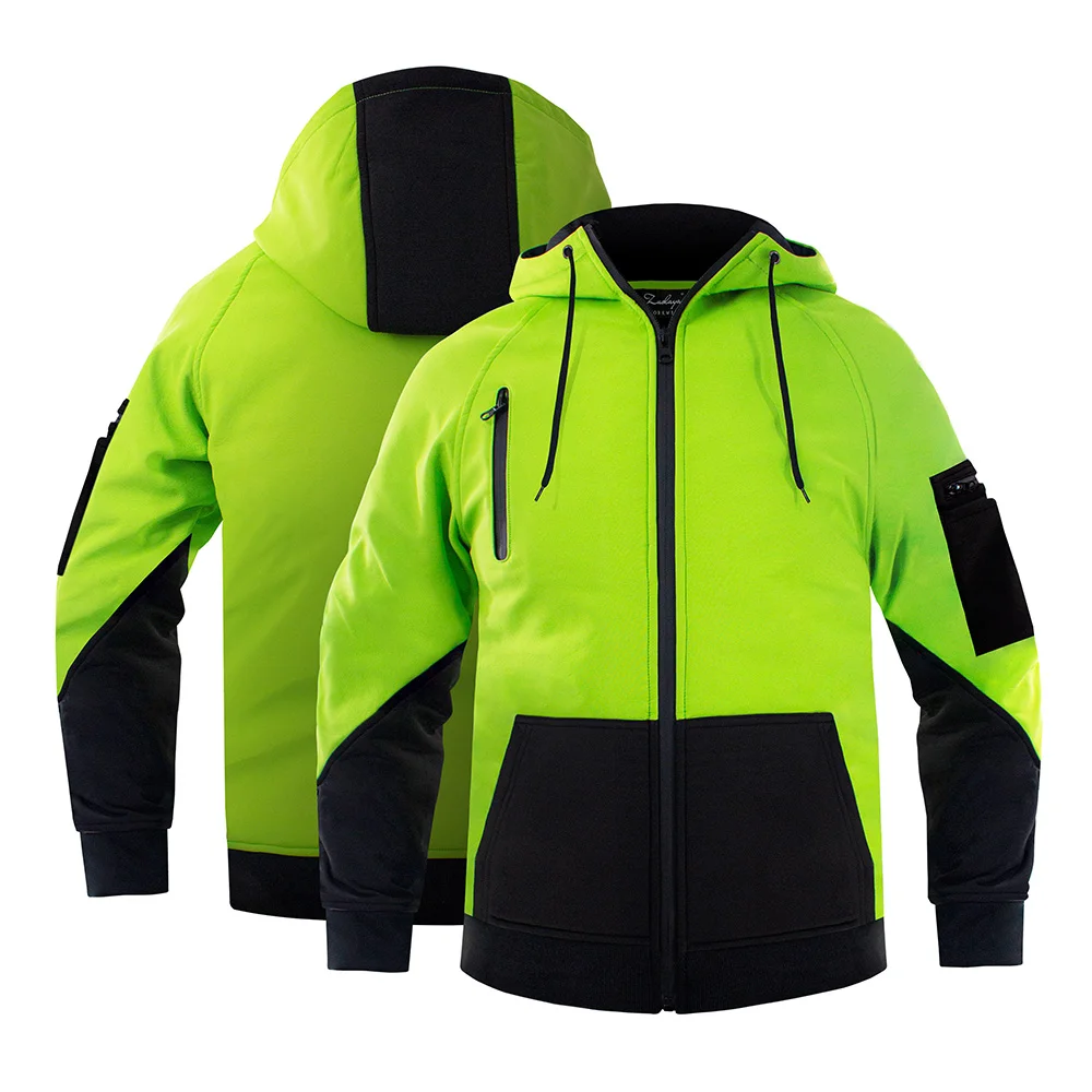 Men's Yellow Black High Visibility Safety Softshell Jacket Hi Vis Fleece jacket With Reflective Tripes Workwear Safety Hoodied