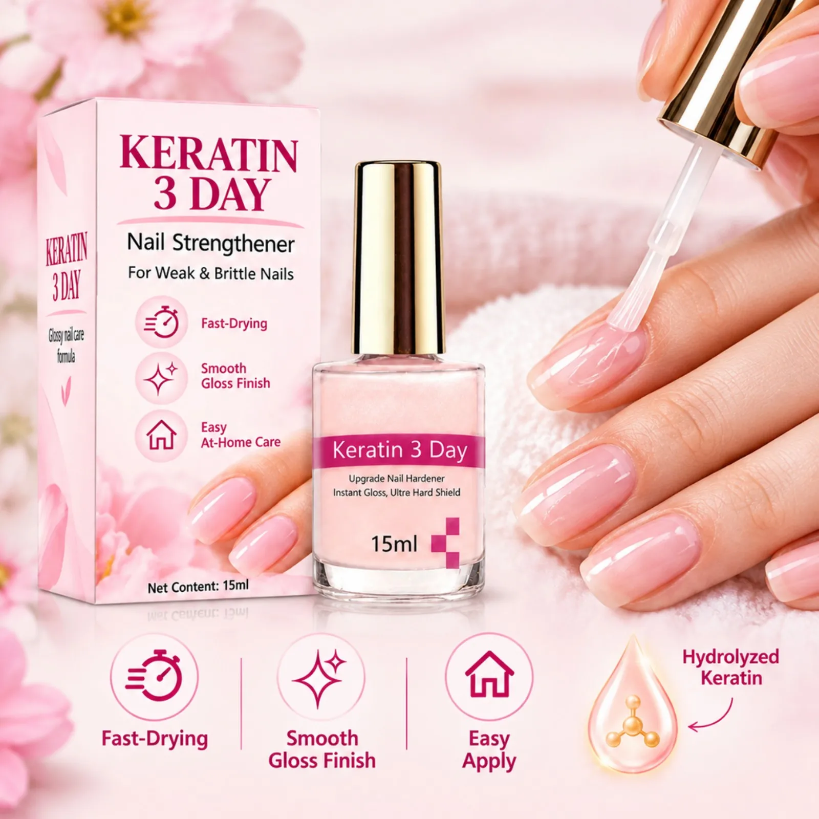 Keratin Nail Strengthener Nail Hardener with Hydrolyzed Keratin Quick-Drying Film-Forming Non-Irritating Nail Care Polish