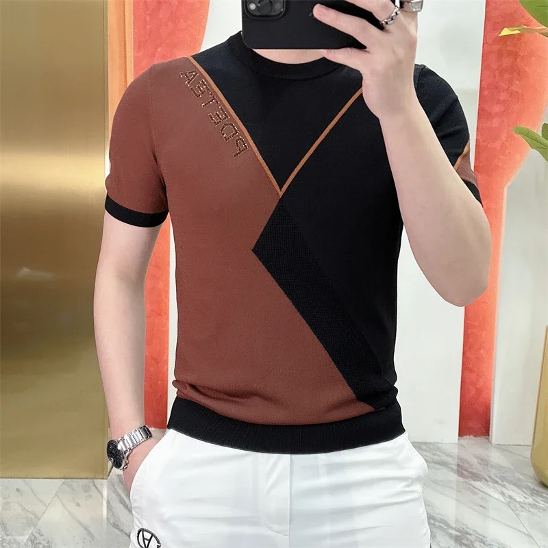 2023 Summer Slim Fit Elastic Patchwork Casual T-shirt Men Round Neck Thin Knitted Ice Silk Short Sleeve T-shirt for Men Clothing