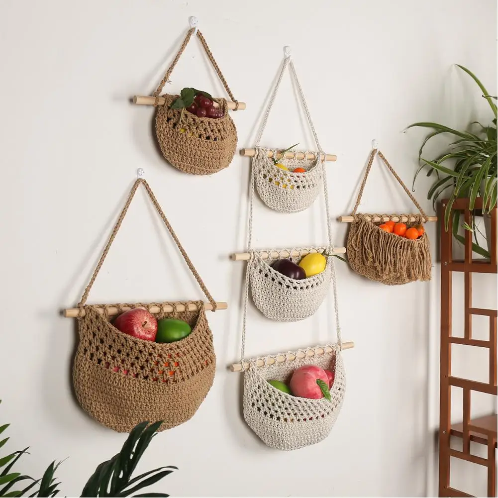 1PCS Hanging Fruit Baskets For Kitchen 3 Tier Bohemian Wall Hanging Basket Handwoven Teardrop Hanging Baskets For Organizing