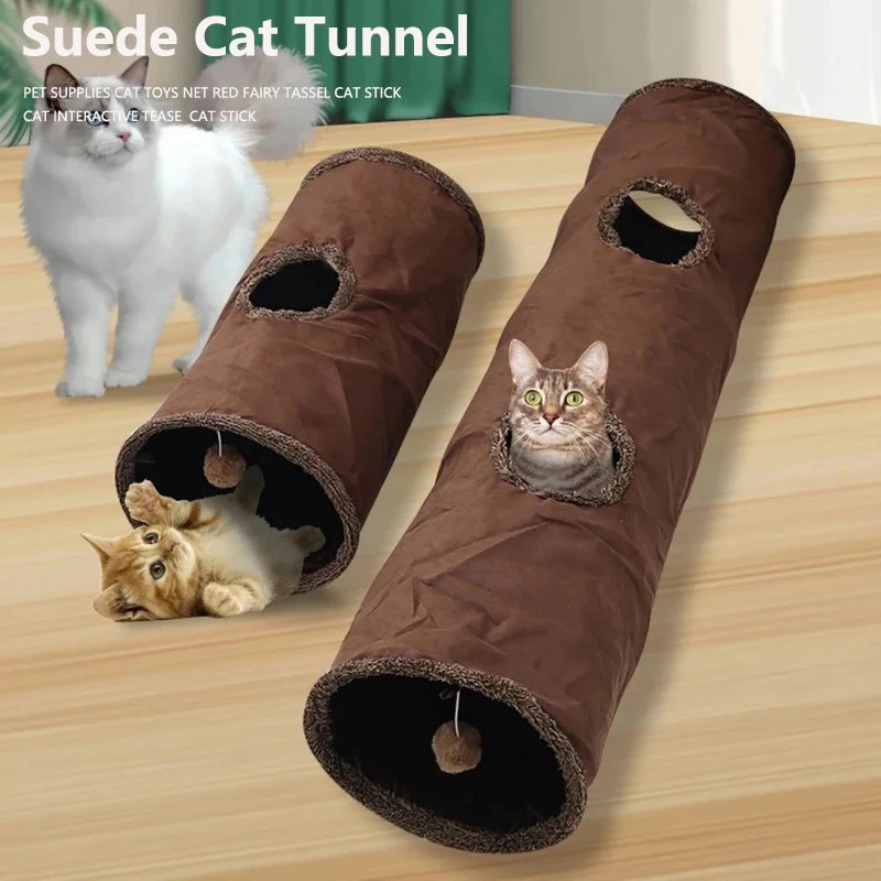 30X67CM Grey Durable Suede Foldable Cat Tunnel - Interactive Multi-Sensory Play Tube with Crinkle Paper & Plush Interior, plush ball and Steel Frame