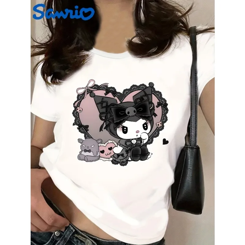 

Sanrio Hello Kitty, милая черная рисовая мультяшная футболка с круглым вырезом, модная милая повседневная женская футболка, женская одежда