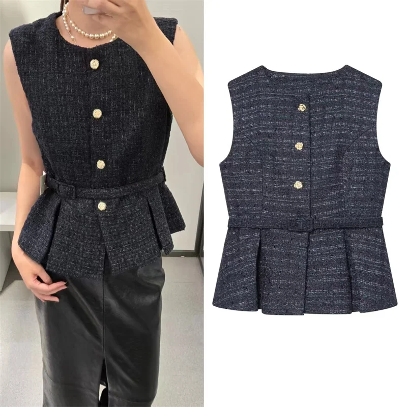 

Women's Vest 2025 Winter New Style Dark Gray Sleeveless Round Neck Vest with Belt and Button Decoration Elegant Socialite Style