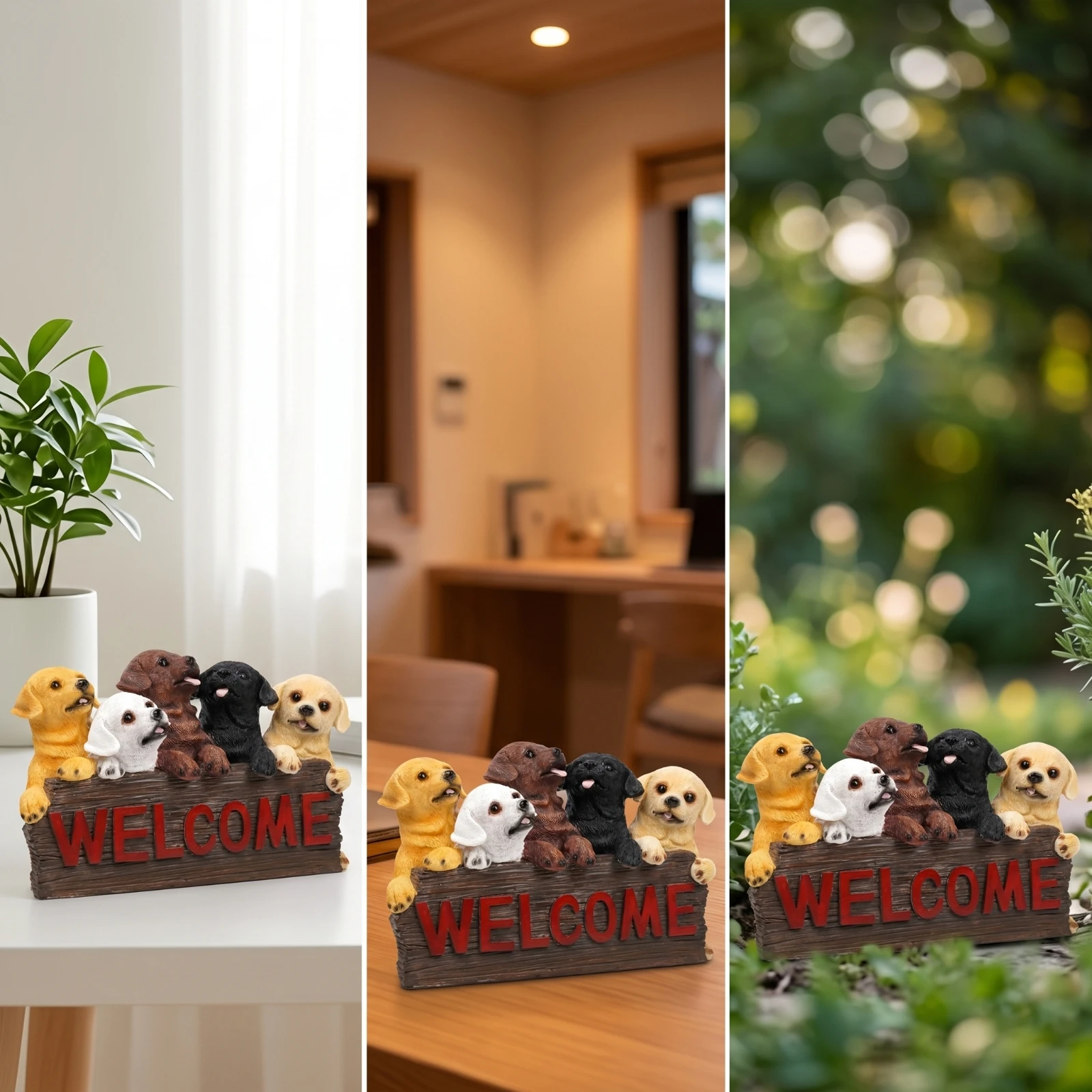 Welcome Sign with Dog Figures Wood-Grain Dog Statue with Welcome Sign Ornament Hand-Painted Compact for Entryway, Porch
