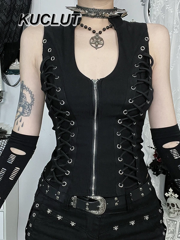 고스 펑크 스타일 블랙 지퍼 업 숙녀 섹시한 조끼 어두운 섹시한 스트랩 멜빵 탑 패션 2025 뉴 여름 여성 탱크 탑