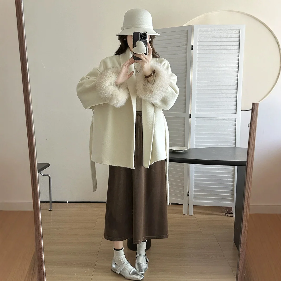 معطف فرو الثعلب الراقية الدانتيل متابعة الأخضر الفاكهة طوق مزاجه الوجهين الصوف سترة الصوفية المرأة الجديدة الخريف الشتاء ماو ماو #3