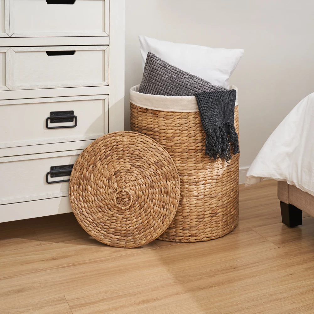 Ludmilla Round Tall Water Hyacinth Woven Wicker Laundry Hamper with Lid - For Clothes, Canvas, Toys and Book Storage with Removable Liner - 15